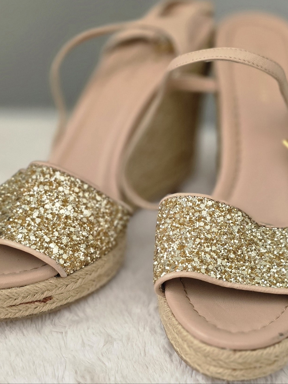 kate spade Gold Glitter Espadrille Wedge Sandals with Blush Straps